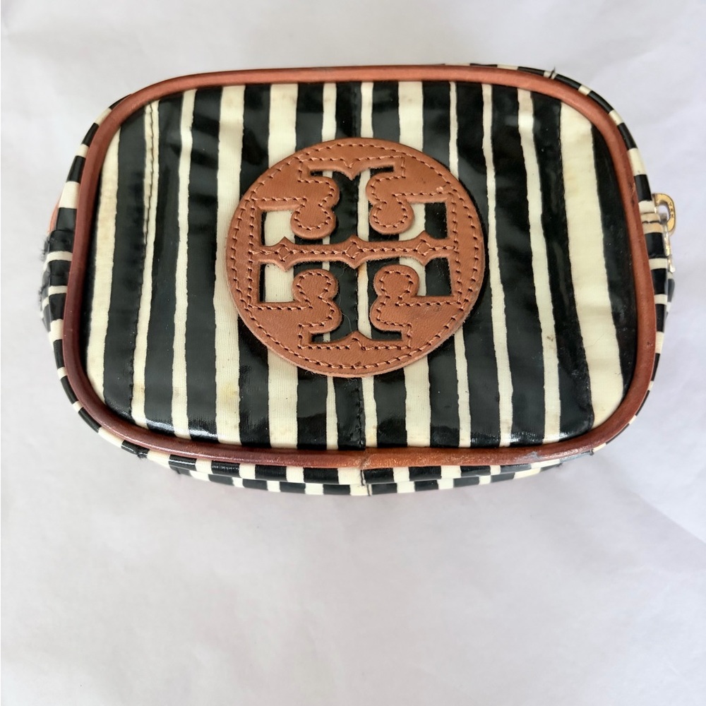 Tory Burch Black & White Striped Cosmetic Pouch Brown Logo Trim